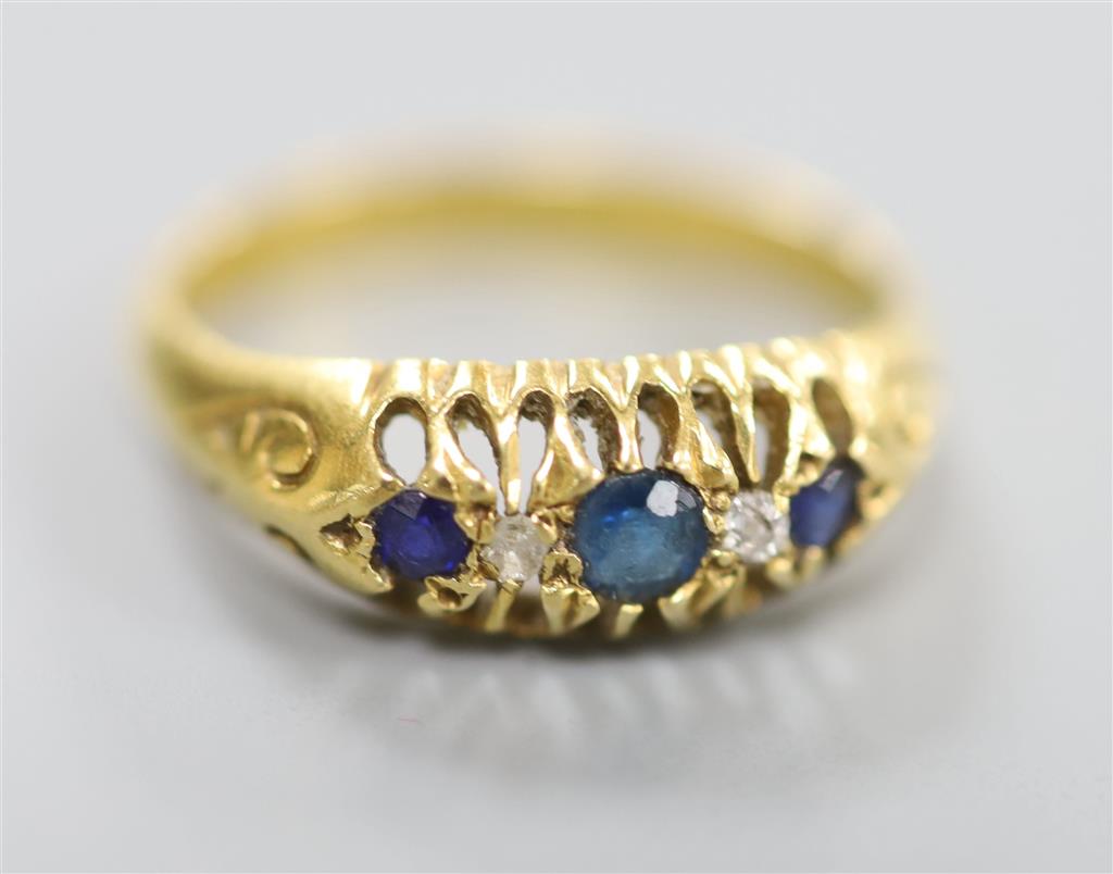A George V sapphire and diamond ring, 18ct gold shank, size L/M, gross 3 grams.